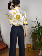 Load image into Gallery viewer, Vintage shirt navy baroque print pattern white gold blue nautical short sleeve women men unisex L
