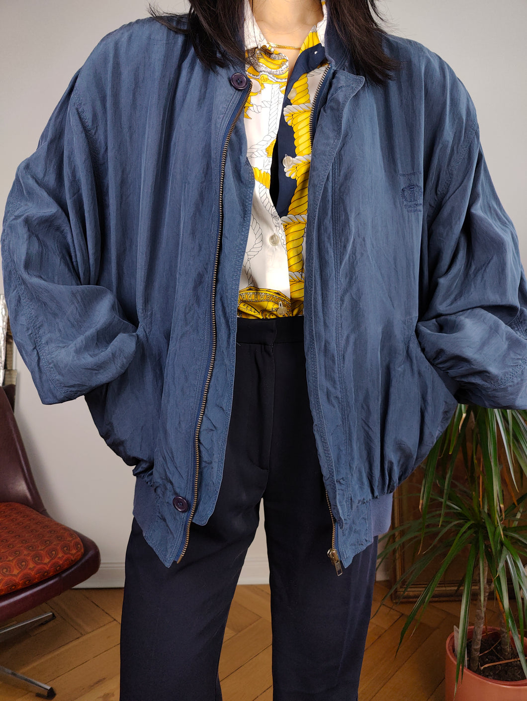 Vintage silk bomber jacket blouson blue light spring summer women unisex men 50 L