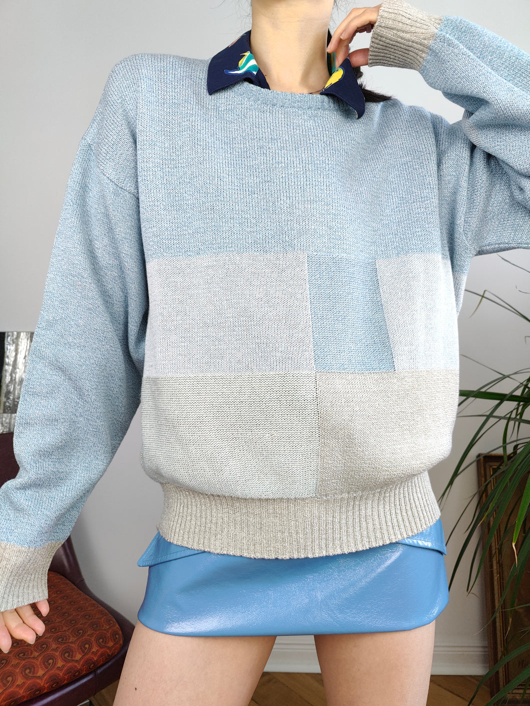 Vintage cotton mix blue knit knitted sweater light block pattern pullover jumper M
