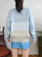 Load image into Gallery viewer, Vintage cotton mix blue knit knitted sweater light block pattern pullover jumper M