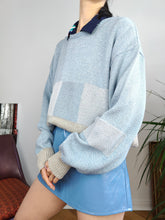 Load image into Gallery viewer, Vintage cotton mix blue knit knitted sweater light block pattern pullover jumper M