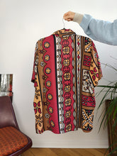 Load image into Gallery viewer, Vintage viscose shirt blouse crazy art print pattern red brown short sleeve women men unisex M-L
