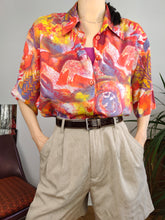 Load image into Gallery viewer, Vintage viscose shirt blouse crazy art print pattern red orange short sleeve women 40 M
