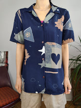 Load image into Gallery viewer, Vintage viscose shirt blouse crazy art print pattern navy blue heart short sleeve women S-M
