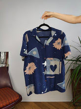 Load image into Gallery viewer, Vintage viscose shirt blouse crazy art print pattern navy blue heart short sleeve women S-M
