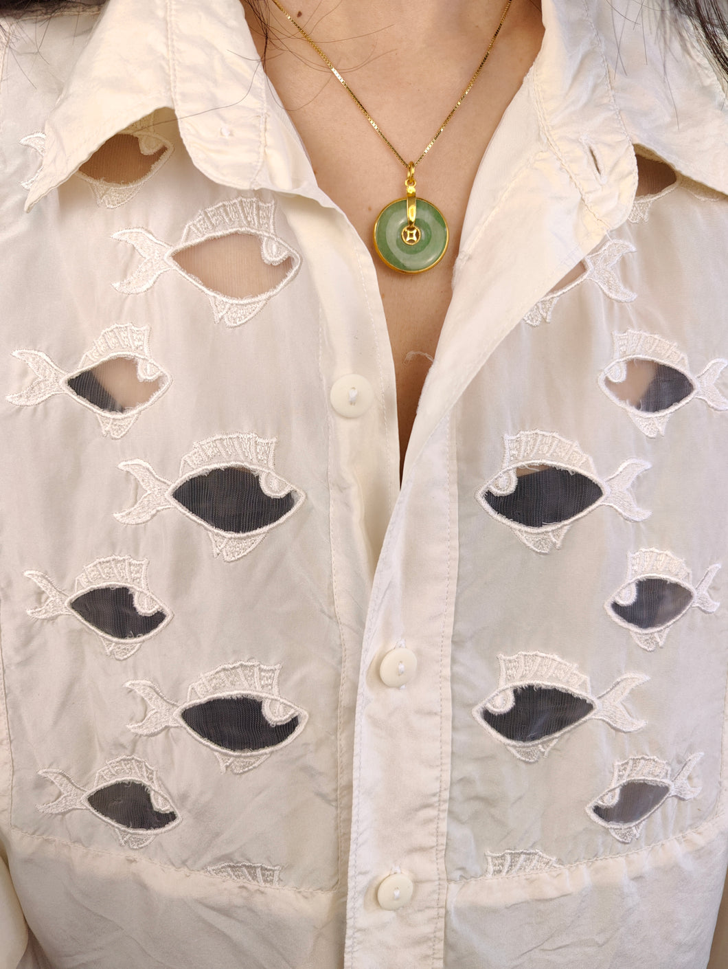 Vintage 100% silk blouse shirt white fish animal cut-out embroidery button up plain women M-L