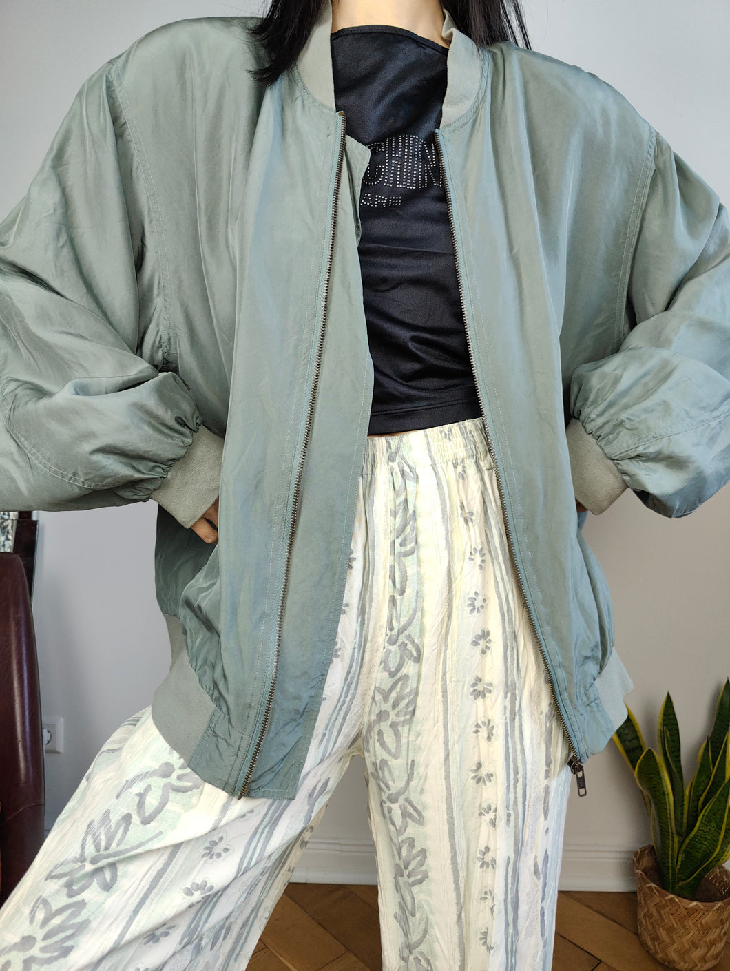 Vintage 90s silk bomber jacket blouson light sage green light spring summer Royal Coast women unisex men L