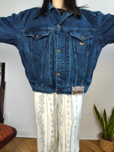 Load image into Gallery viewer, Vintage 90s Wampum denim jacket trucker dark blue jeans women men unisex L-XL