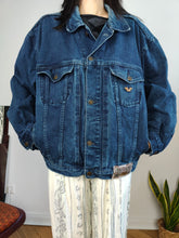 Load image into Gallery viewer, Vintage 90s Wampum denim jacket trucker dark blue jeans women men unisex L-XL
