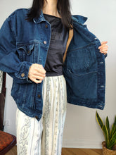 Load image into Gallery viewer, Vintage 90s Wampum denim jacket trucker dark blue jeans women men unisex L-XL
