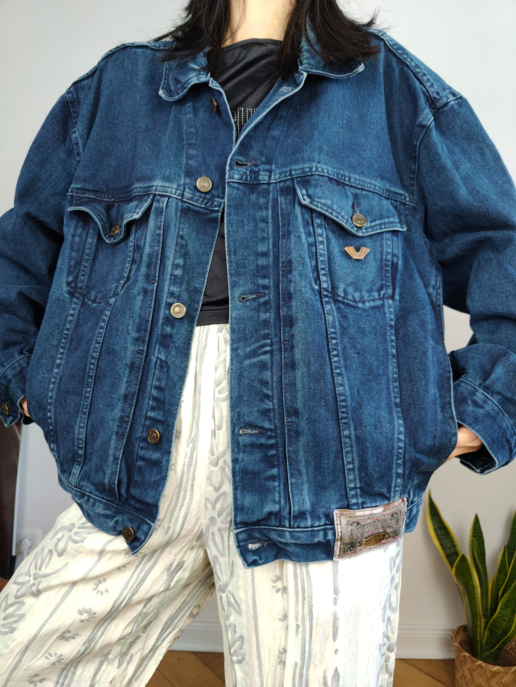 Vintage 90s Wampum denim jacket trucker dark blue jeans women men unisex L-XL