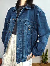 Load image into Gallery viewer, Vintage 90s Wampum denim jacket trucker dark blue jeans women men unisex L-XL