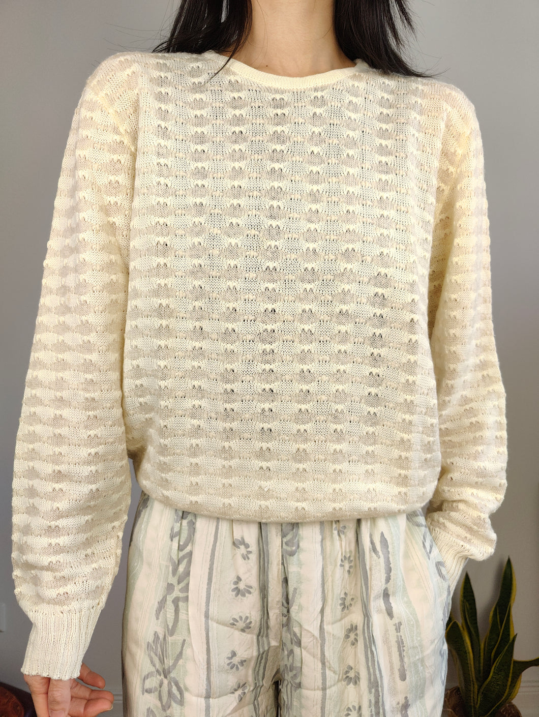 Vintage mohair cotton knit off white cream knitted sweater crochet pullover jumper S