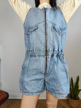 Load image into Gallery viewer, Vintage denim dungaree jeans blue shorts overall jumpsuit Squaw made in Italy women M
