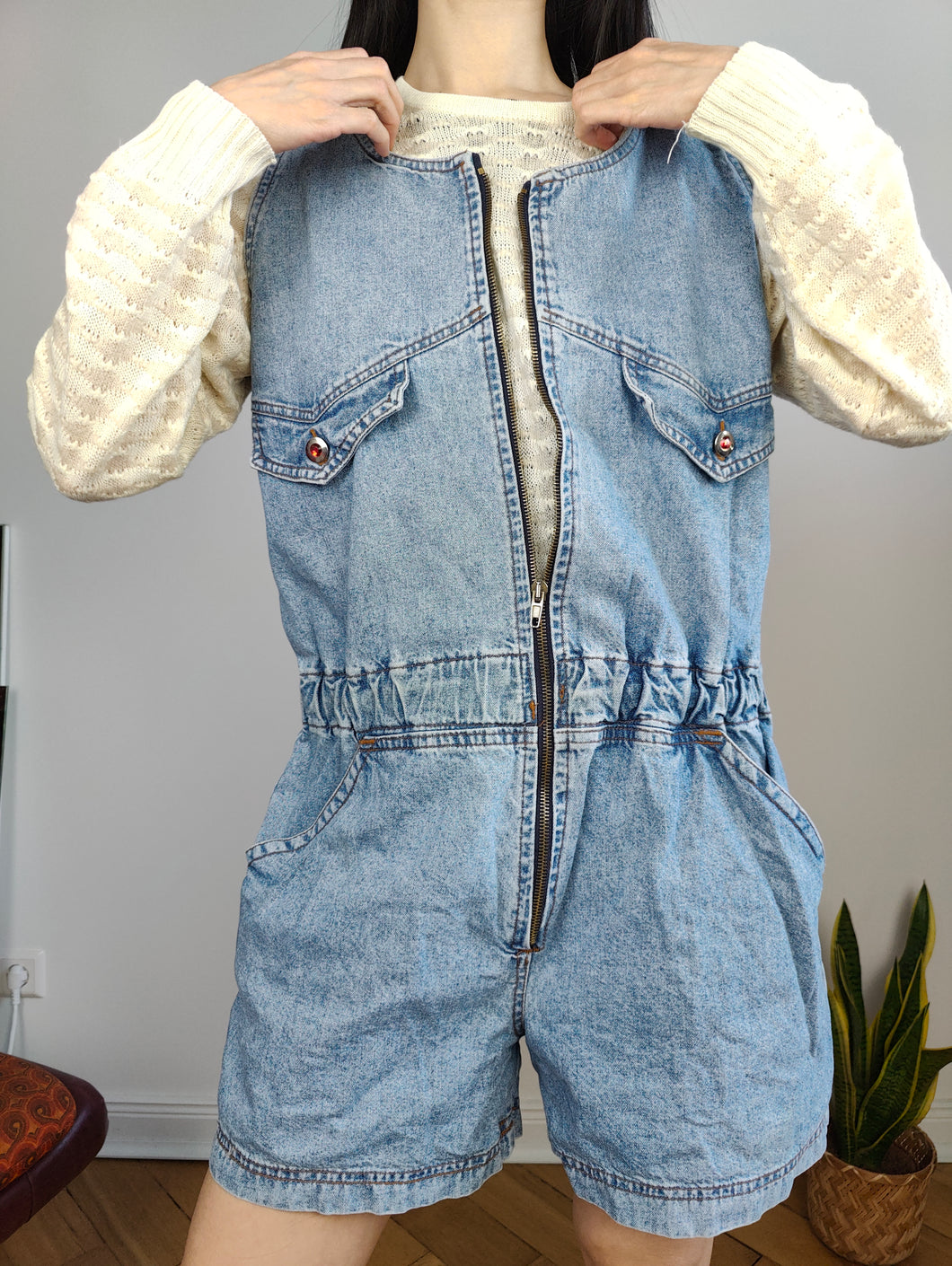 Vintage denim dungaree jeans blue shorts overall jumpsuit Squaw made in Italy women M