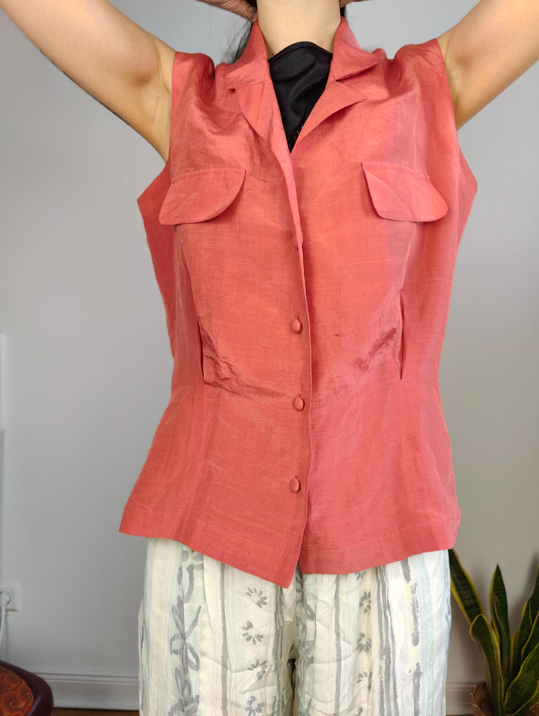 Vintage Laurent sleeveless blouse coral orange pink top button up shirt summer women 44 M
