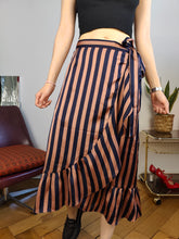 Load image into Gallery viewer, Preloved wrap skirt ruffles stripes pink blue midi long Neo Noir S