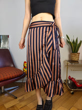 Load image into Gallery viewer, Preloved wrap skirt ruffles stripes pink blue midi long Neo Noir S
