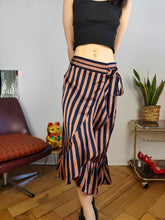 Load image into Gallery viewer, Preloved wrap skirt ruffles stripes pink blue midi long Neo Noir S