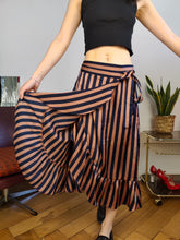 Load image into Gallery viewer, Preloved wrap skirt ruffles stripes pink blue midi long Neo Noir S