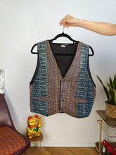 Load image into Gallery viewer, Vintage sleeveless vest boho hand made cotton blue brown woven pattern waist coat jacket L
