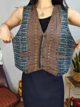 Load image into Gallery viewer, Vintage sleeveless vest boho hand made cotton blue brown woven pattern waist coat jacket L