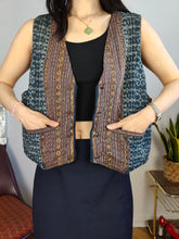 Load image into Gallery viewer, Vintage sleeveless vest boho hand made cotton blue brown woven pattern waist coat jacket L
