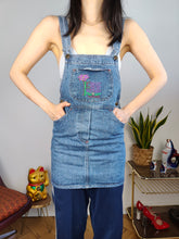 Load image into Gallery viewer, Vintage denim dungaree jeans blue skirt overall jumpsuit embroidery kids or women XS