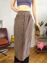 Load image into Gallery viewer, Vintage silk skirt brown button up midi long 48 M-L