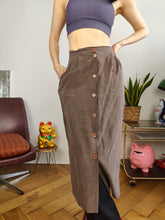 Load image into Gallery viewer, Vintage silk skirt brown button up midi long 48 M-L