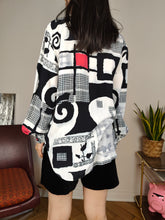 Load image into Gallery viewer, Vintage viscose shirt blouse white black crazy print pattern long sleeve button up Incognito S-M