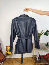 Load image into Gallery viewer, Vintage 100% leather jacket blue trench coat women 44 M