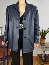 Load image into Gallery viewer, Vintage 100% leather jacket blue trench coat women 44 M