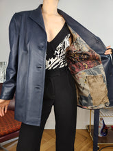 Load image into Gallery viewer, Vintage 100% leather jacket blue trench coat women 44 M