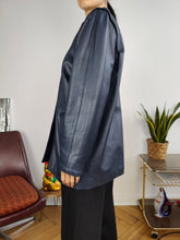 Load image into Gallery viewer, Vintage 100% leather jacket blue trench coat women 44 M
