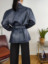 Load image into Gallery viewer, Vintage 100% leather jacket blue trench coat women 44 M