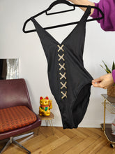 Load image into Gallery viewer, Vintage second hand swimsuit bathing swim wear body top embroidery high leg black embroidery S