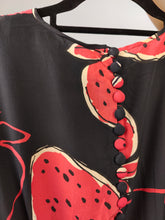 Load image into Gallery viewer, Vintage silk dress strawberry fruit black red print pattern M