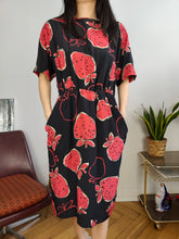Load image into Gallery viewer, Vintage silk dress strawberry fruit black red print pattern M