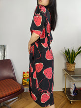 Load image into Gallery viewer, Vintage silk dress strawberry fruit black red print pattern M