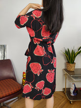 Load image into Gallery viewer, Vintage silk dress strawberry fruit black red print pattern M