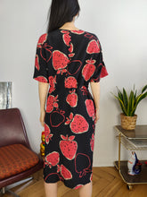 Load image into Gallery viewer, Vintage silk dress strawberry fruit black red print pattern M