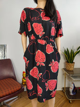 Load image into Gallery viewer, Vintage silk dress strawberry fruit black red print pattern M