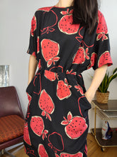 Load image into Gallery viewer, Vintage silk dress strawberry fruit black red print pattern M