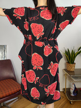 Load image into Gallery viewer, Vintage silk dress strawberry fruit black red print pattern M