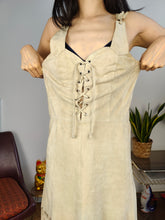Load image into Gallery viewer, Vintage 100% leather suede beige sleeveless mini dress fringes boho 42 S
