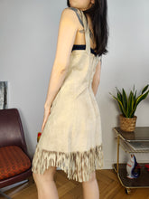Load image into Gallery viewer, Vintage 100% leather suede beige sleeveless mini dress fringes boho 42 S