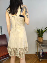 Load image into Gallery viewer, Vintage 100% leather suede beige sleeveless mini dress fringes boho 42 S
