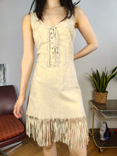 Load image into Gallery viewer, Vintage 100% leather suede beige sleeveless mini dress fringes boho 42 S