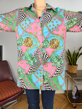 Load image into Gallery viewer, Vintage viscose shirt baroque print crazy pattern pink green blue long sleeve S-M